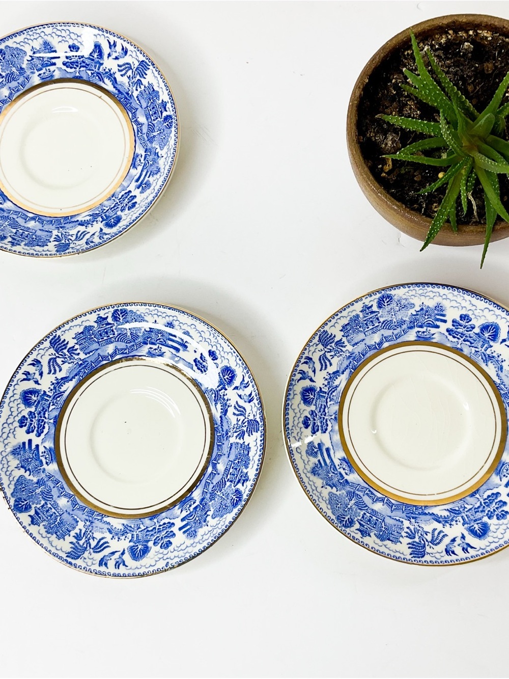 Blue Willow - Blue and White Porcelain Dessert Plates with Gold Trim - Set Of 3